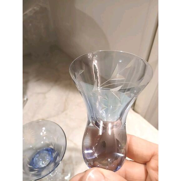 Murano Etched Cocktail Cordial Glasses 5" BLUE Barware Hand Blown Italy Antique - Picture 11 of 16